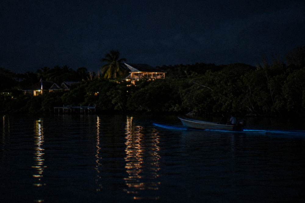 A small open boat on dark calm water showing a faint blue glow trailing behind the hull