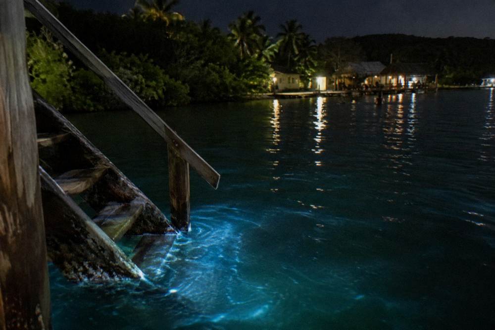 Calm shallow lagoon water at night with soft ripples spreading from a disturbance near a wooden boat ladder