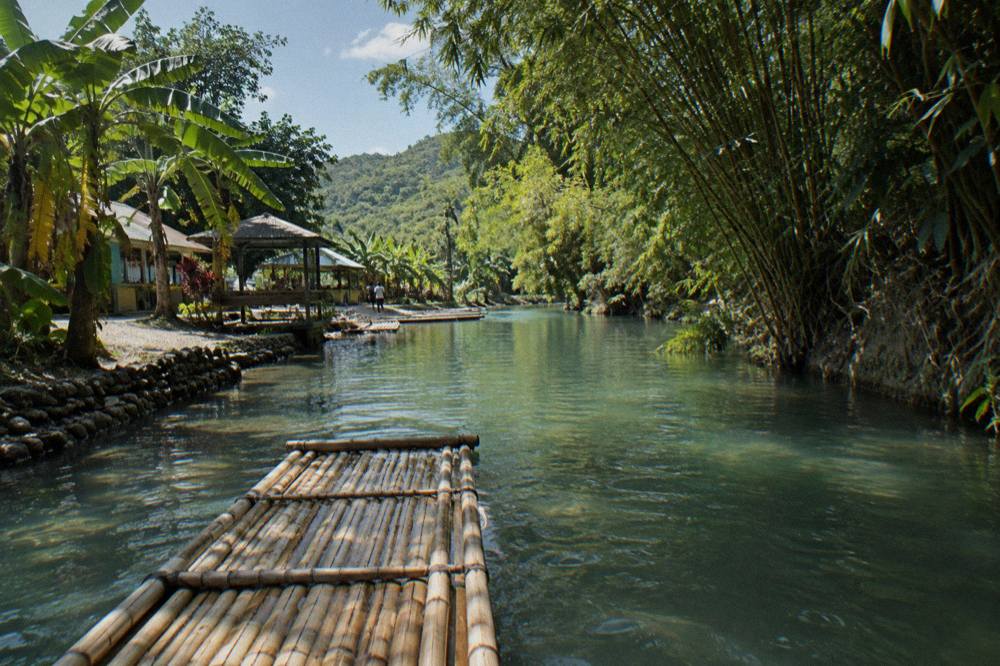 A long bamboo raft drifting on calm green water between walls of tropical vegetation