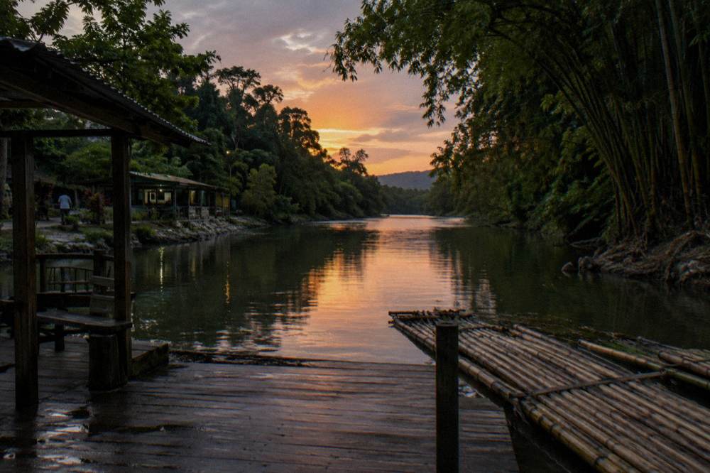 A riverbank at dusk with calm water reflecting the last light between dark tropical trees