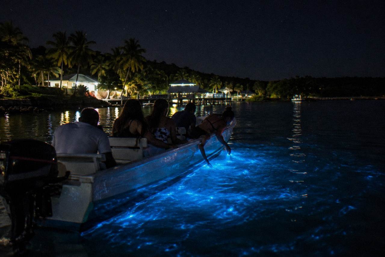 A calm lagoon at night with faint blue light trailing behind a small boat