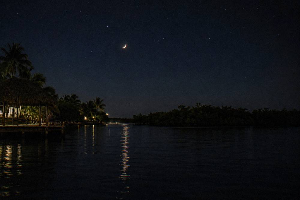 A wide night sky over the lagoon with a thin crescent moon above dark mangrove silhouettes