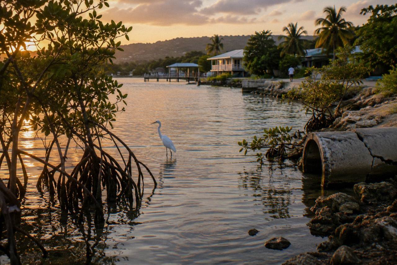 Calm lagoon water at dusk with mangroves along the shore