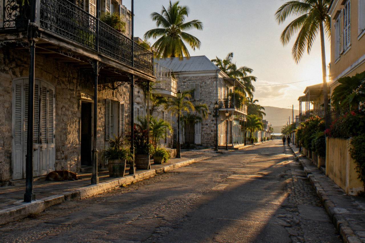 Georgian stone buildings along a quiet street in Falmouth at golden hour