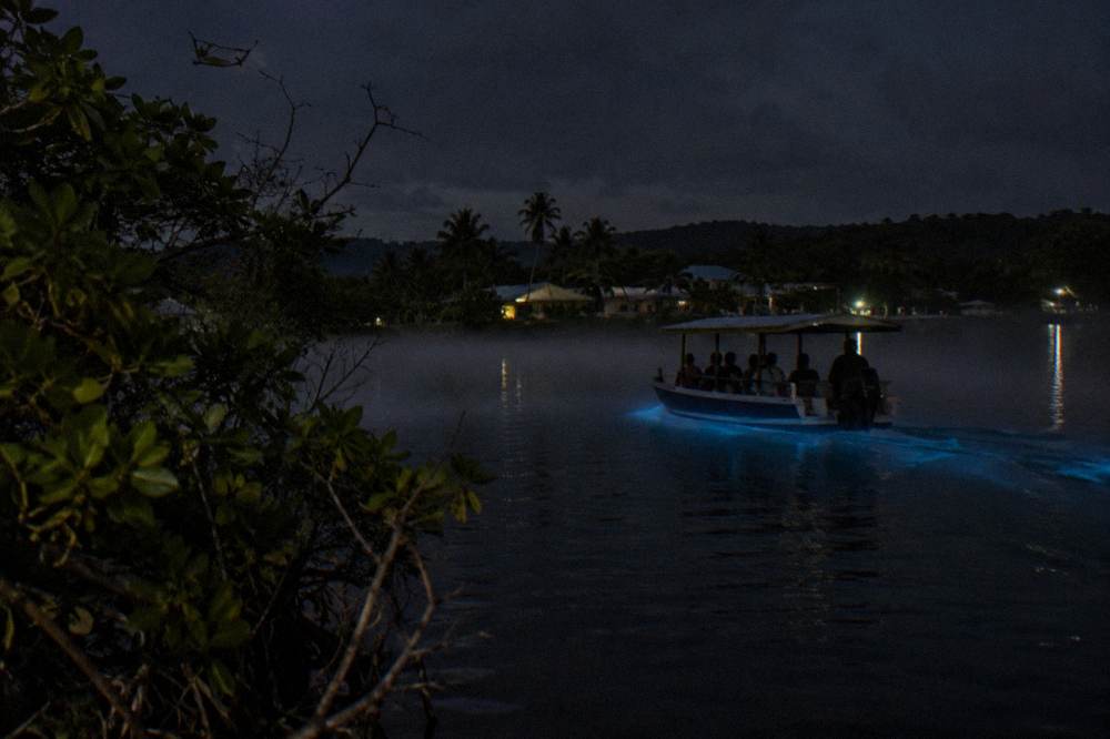 Wooden tour boat crossing dark water with faint blue glow trailing the hull