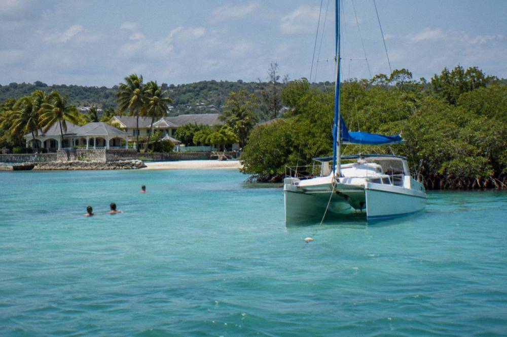 Catamaran anchored near mangroves with snorkelers entering clear shallow water