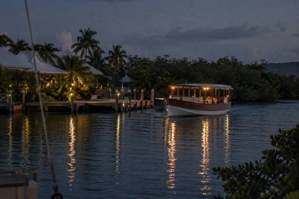 A lit tour boat returning to a small dock at night with mangroves silhouetted behind it