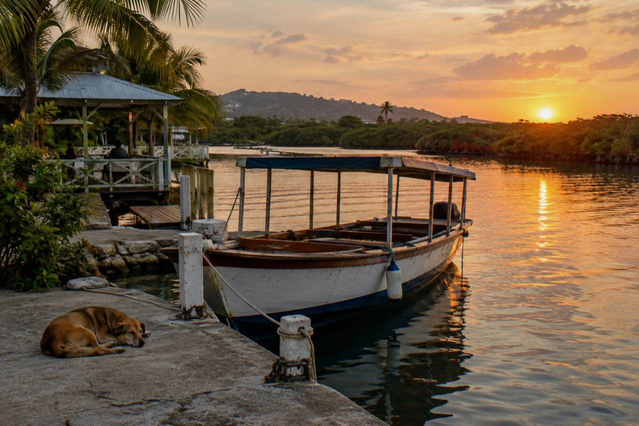 A calm lagoon at dusk with a wooden tour boat at a small marina dock and mangroves along the far shore