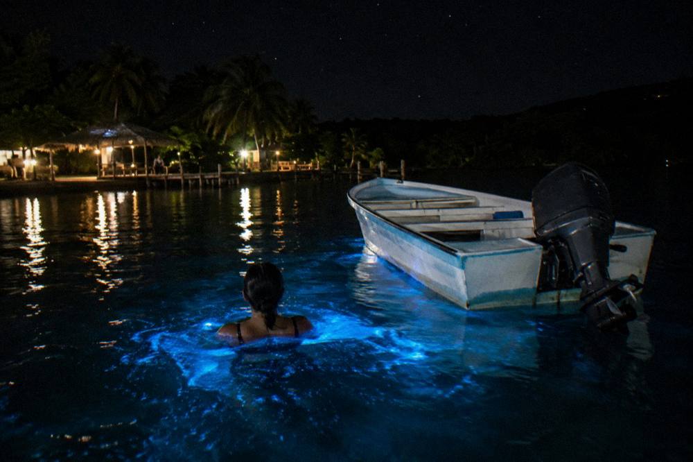 Night water glowing pale blue around a swimmer beside a small boat