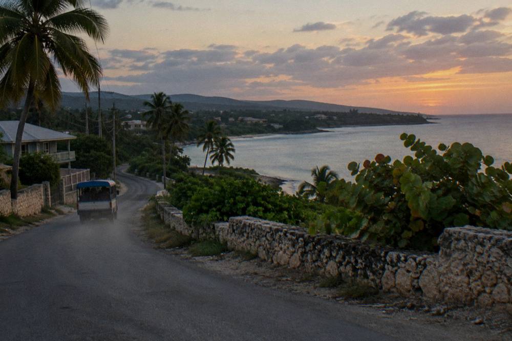 A coastal highway at dusk with palm trees and calm sea beyond