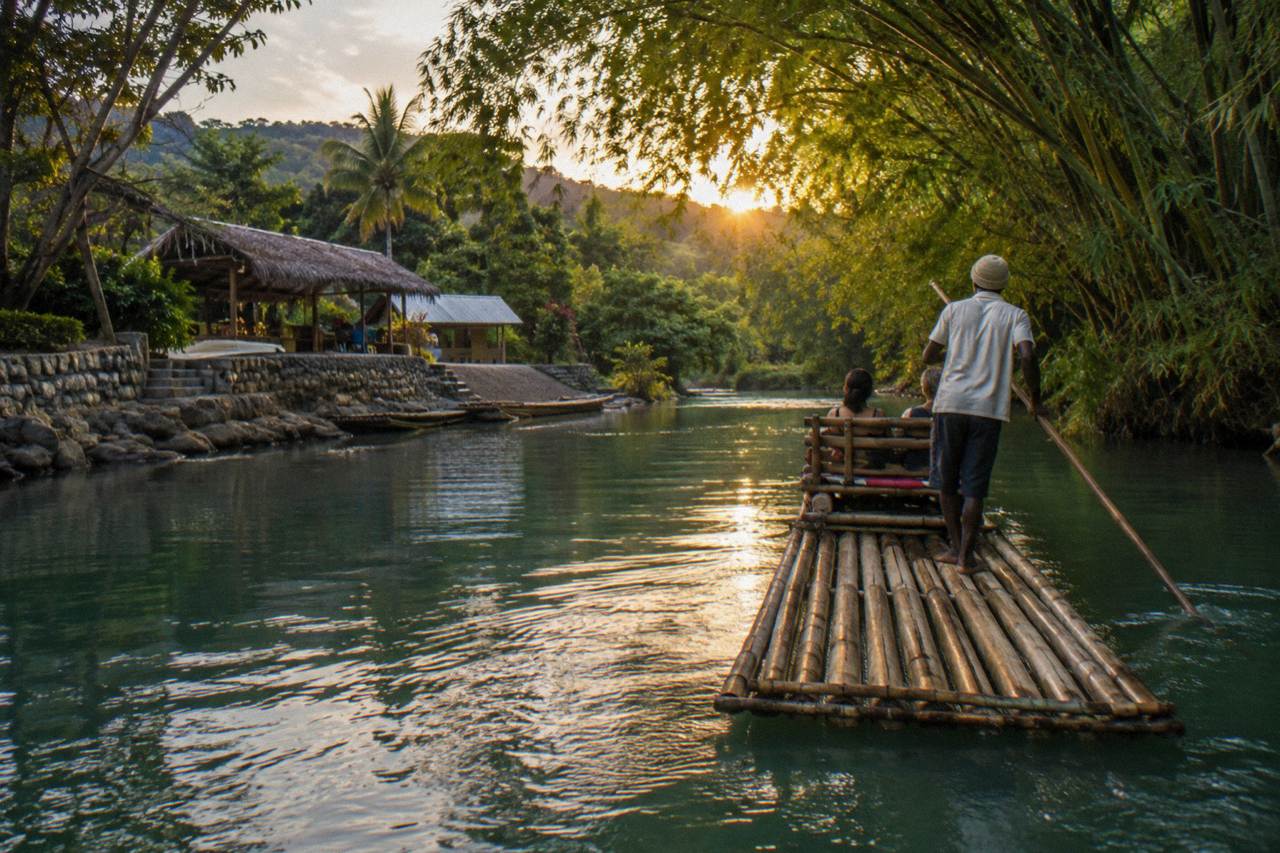 A bamboo raft drifting along a calm jungle river at golden hour near Falmouth