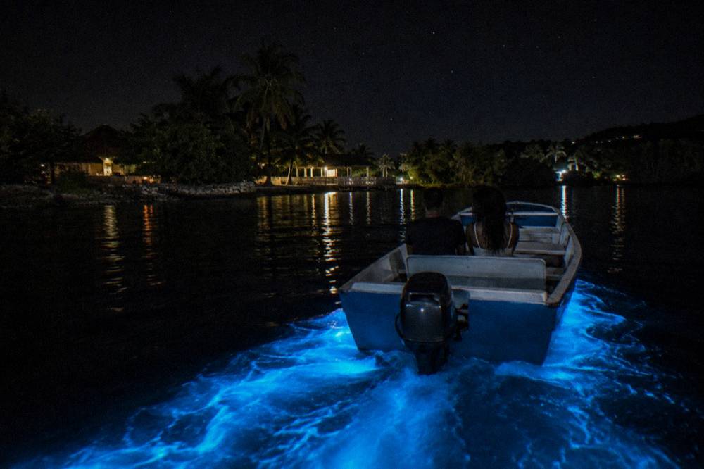 A dark lagoon surface at night with faint blue light trailing behind a small boat
