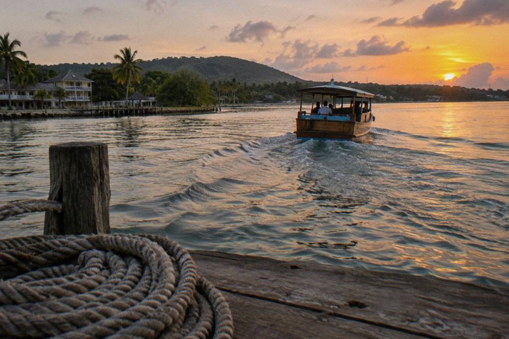A tour boat pulling away from a wooden dock in fading evening light