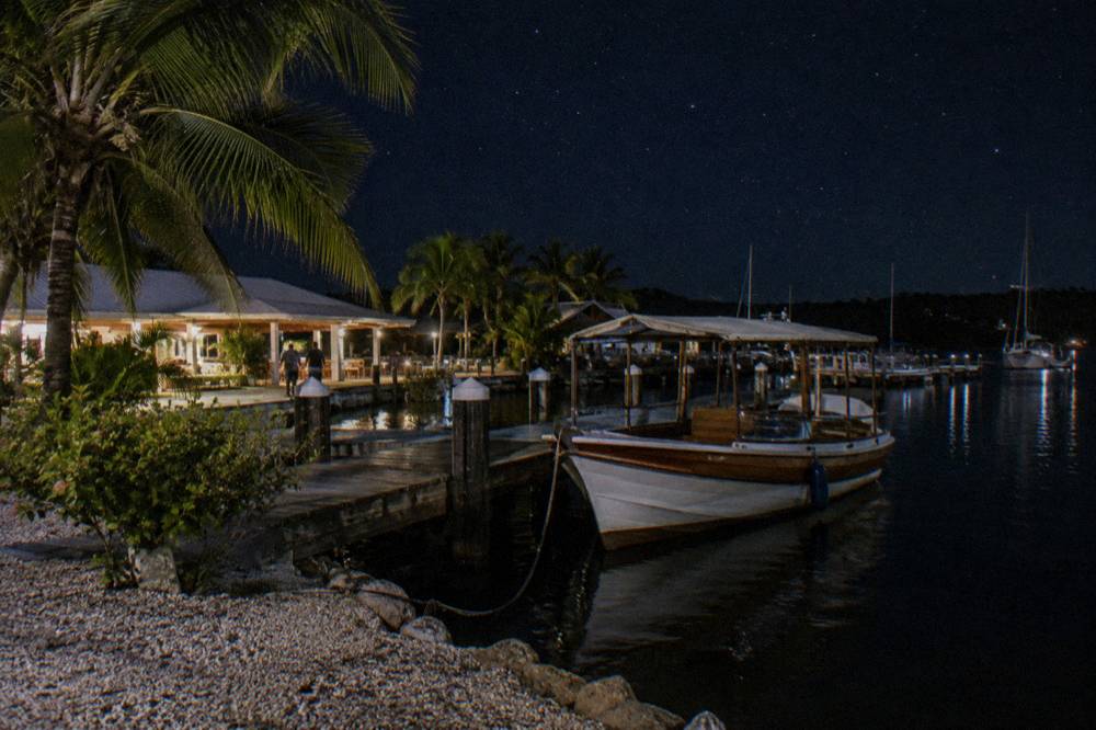 A wooden tour boat moored at a dark marina dock under a starry sky