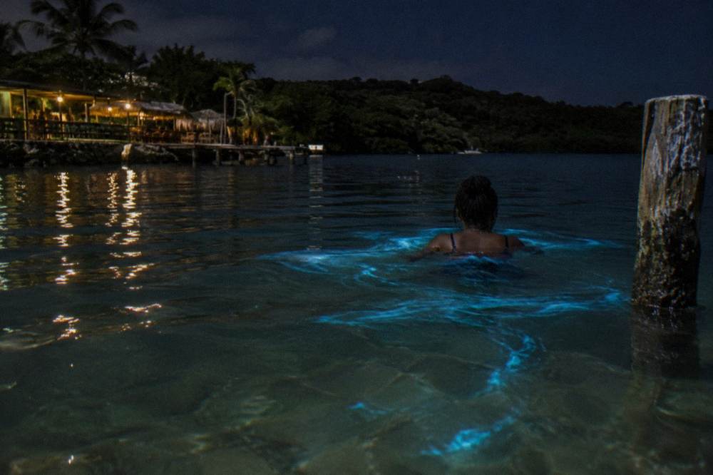 Dark shallow water showing faint blue-green light trails around a swimmer at night
