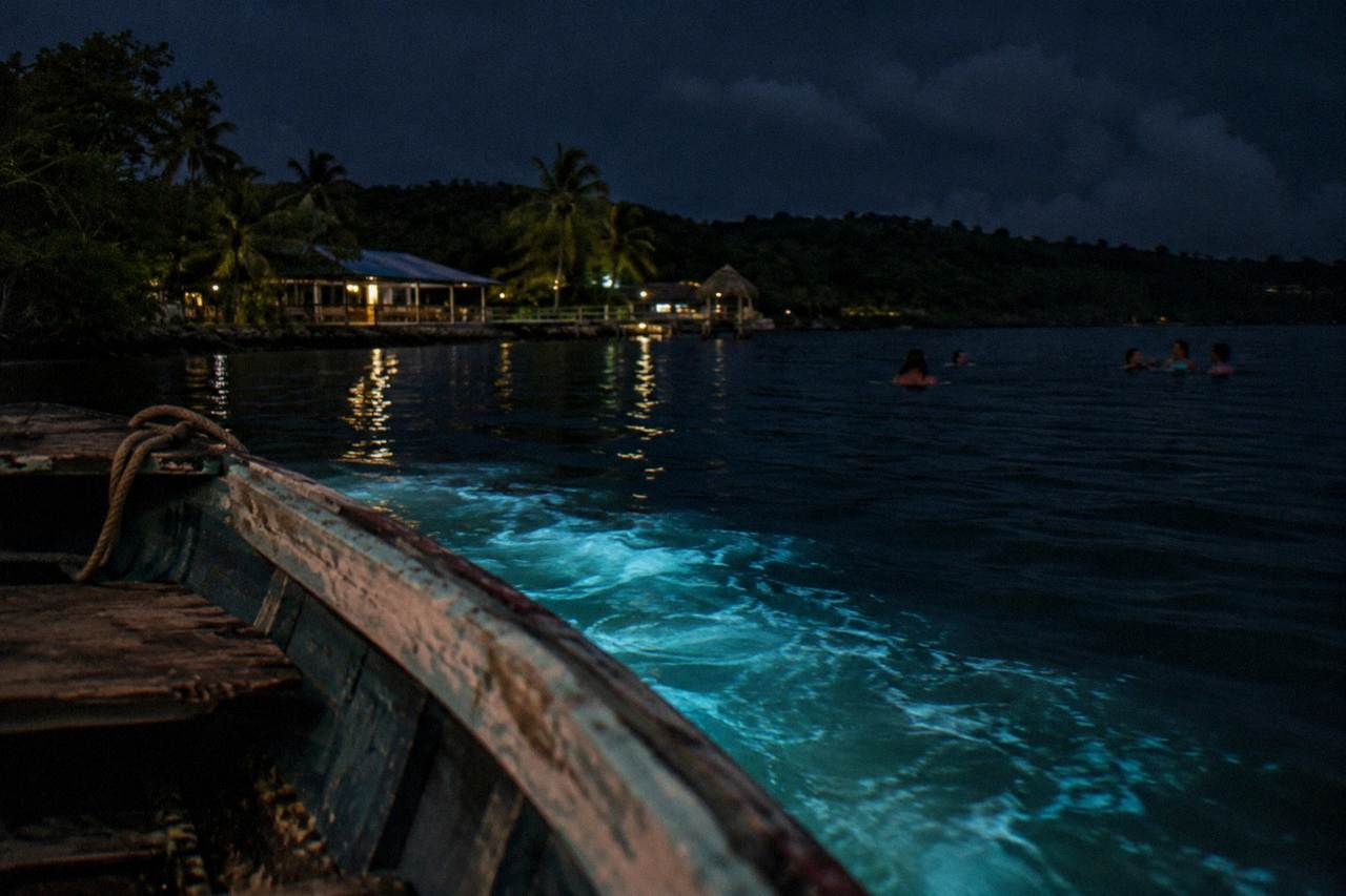 A wooden boat on a dark lagoon at night with faint blue green light trailing in the water