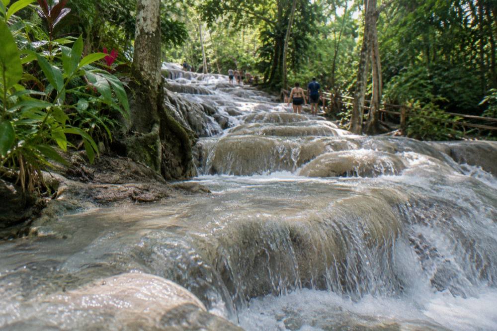 Waterfall cascading over stone steps surrounded by green forest