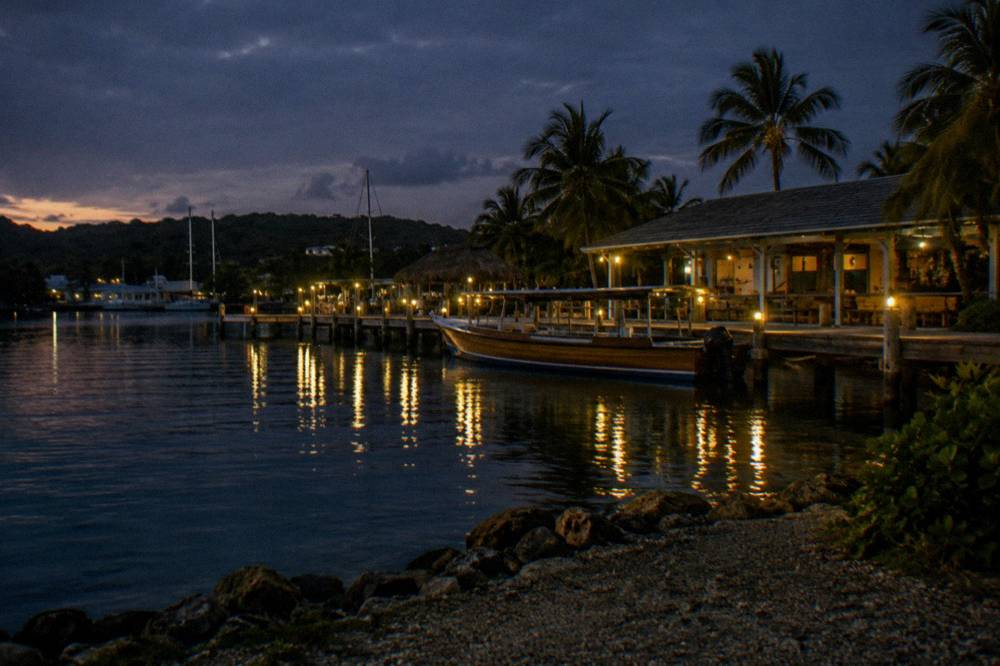 Wooden tour boat resting on dark lagoon water beside a lit marina dock at night