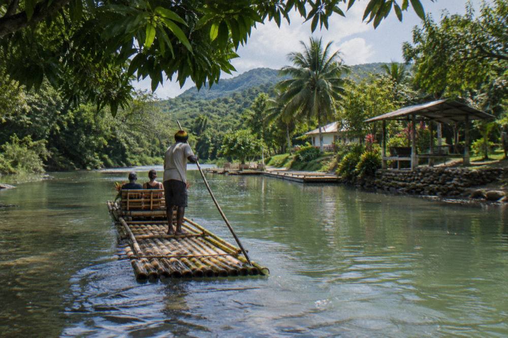 A bamboo raft drifting along a calm jungle river at midday