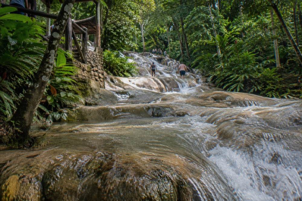 A terraced waterfall cascading through tropical forest in daylight